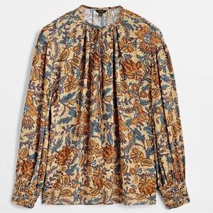 Massimo Dutti Tan Floral ,Puff Long Sleeve Peasant Blouse Sz S